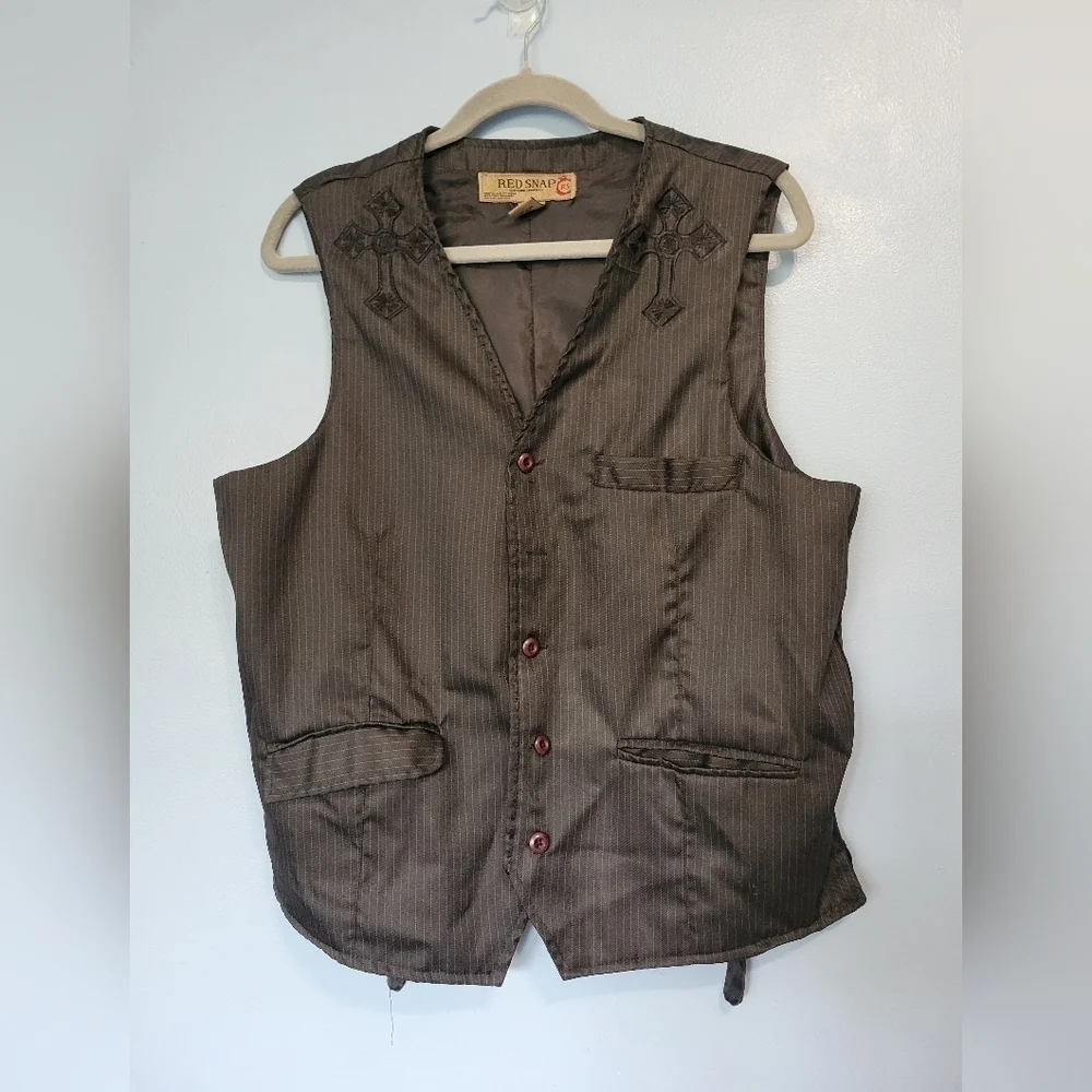 Red Snap Men's Embroidered Crucifix Pinstripe Vest L Black